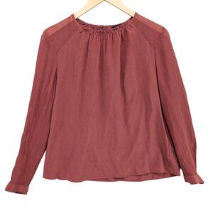 Club Monaco Silk Ruched Neck Top Womens Terracotta Red Long Sleeve Blouse Size M